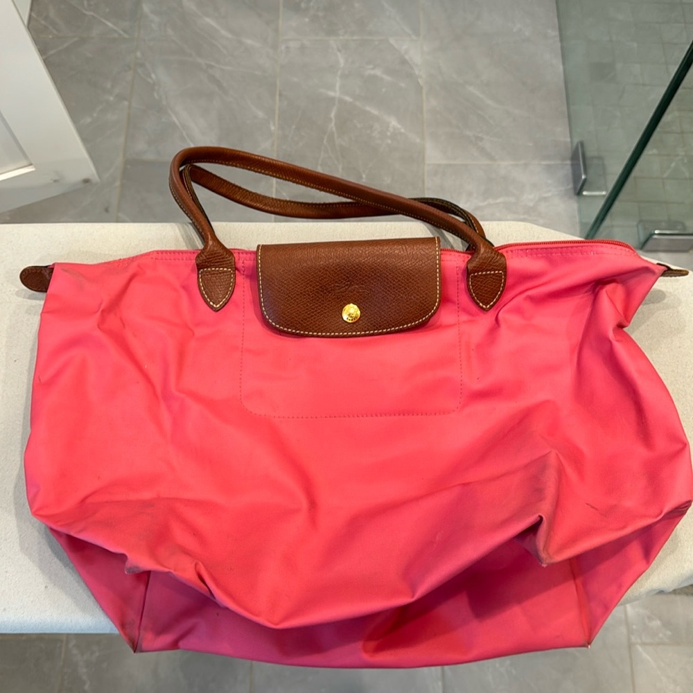 Longchamp Fuchsia Tote with Brown Leather Trim